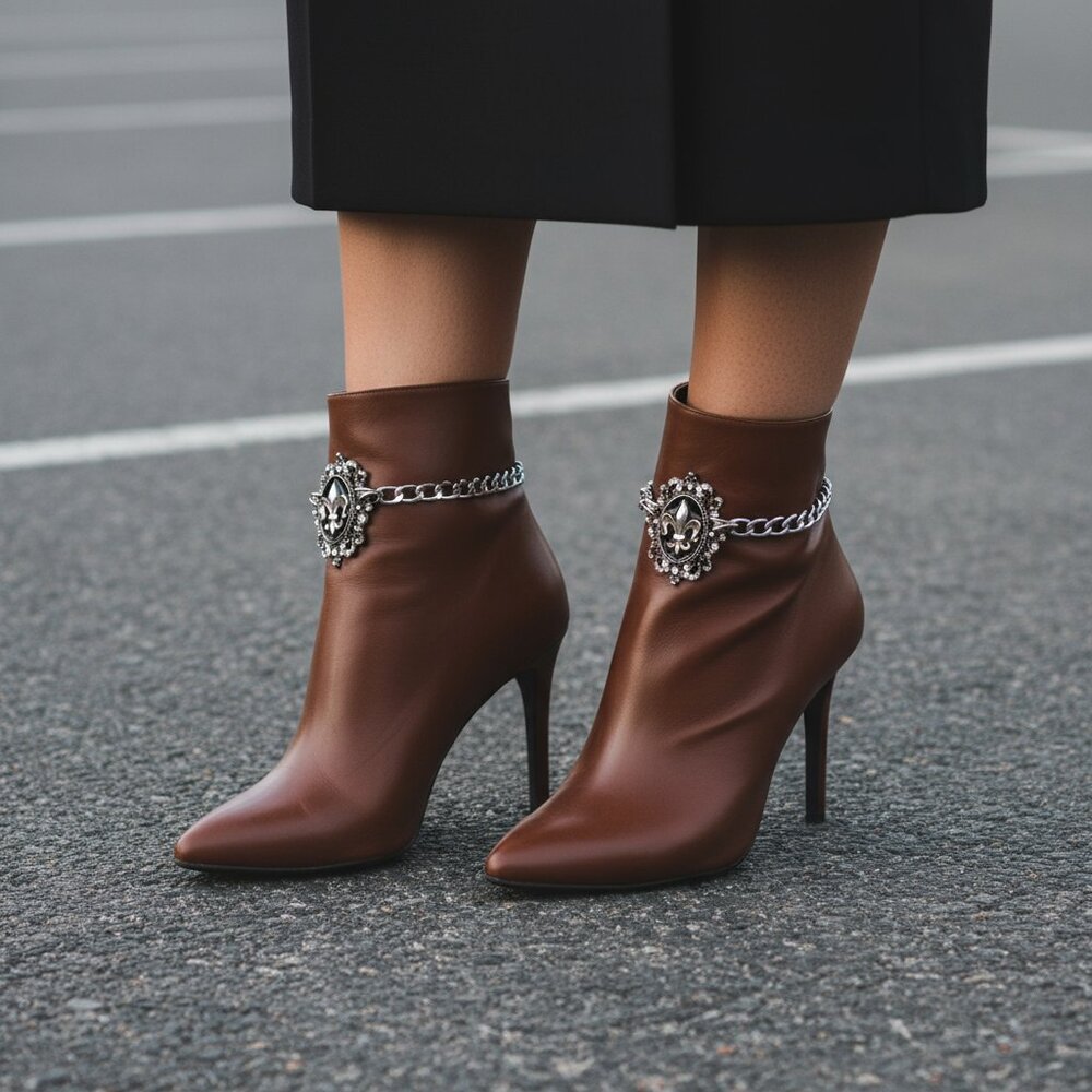 NEW Women 2PCS Silver Metal Boot Chain Shoe Anklet Bling Fleur De Lis Charm PAIR - Picture 16 of 17